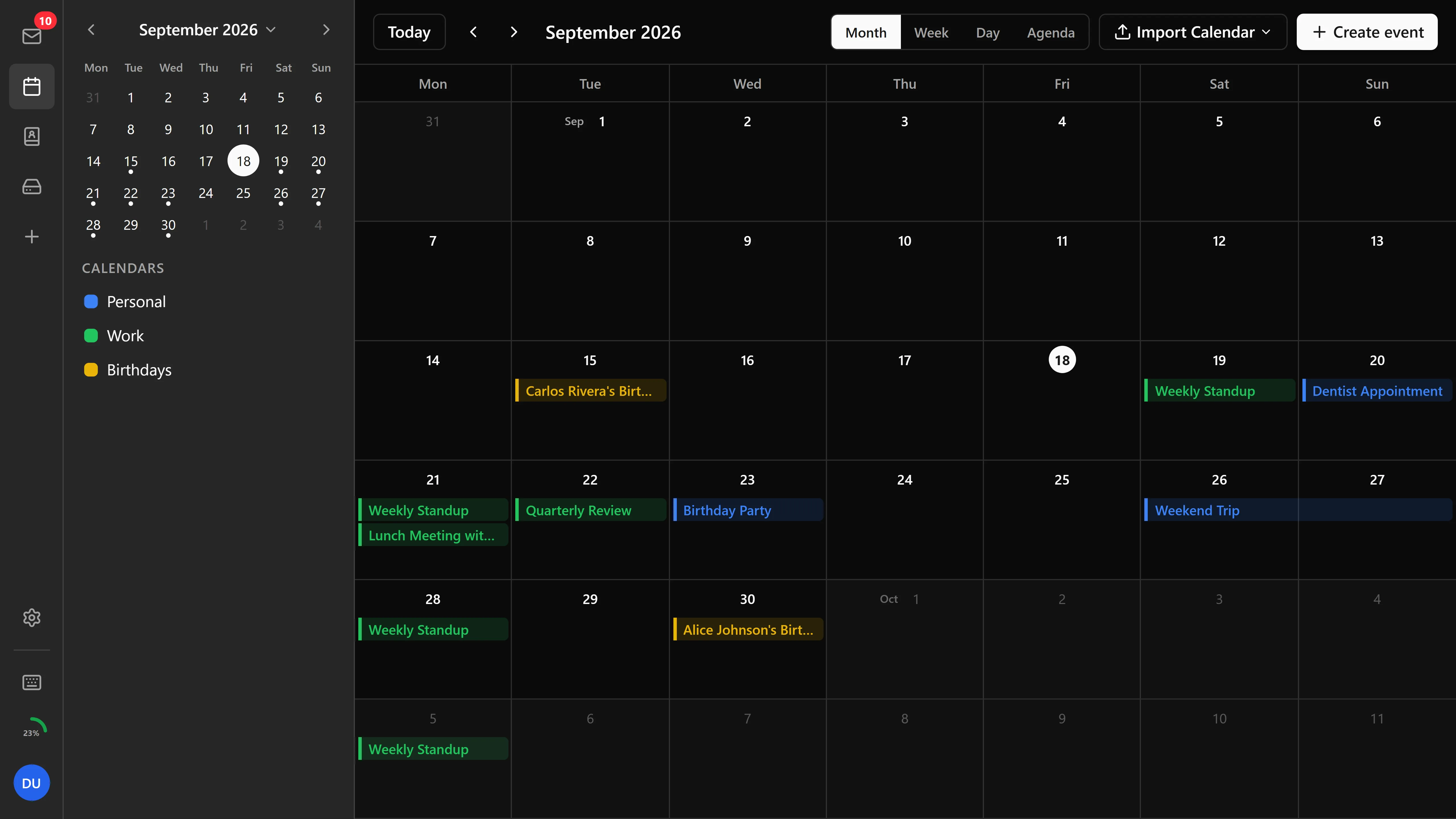 Webmail calendar month view (Bulwark, dark theme)