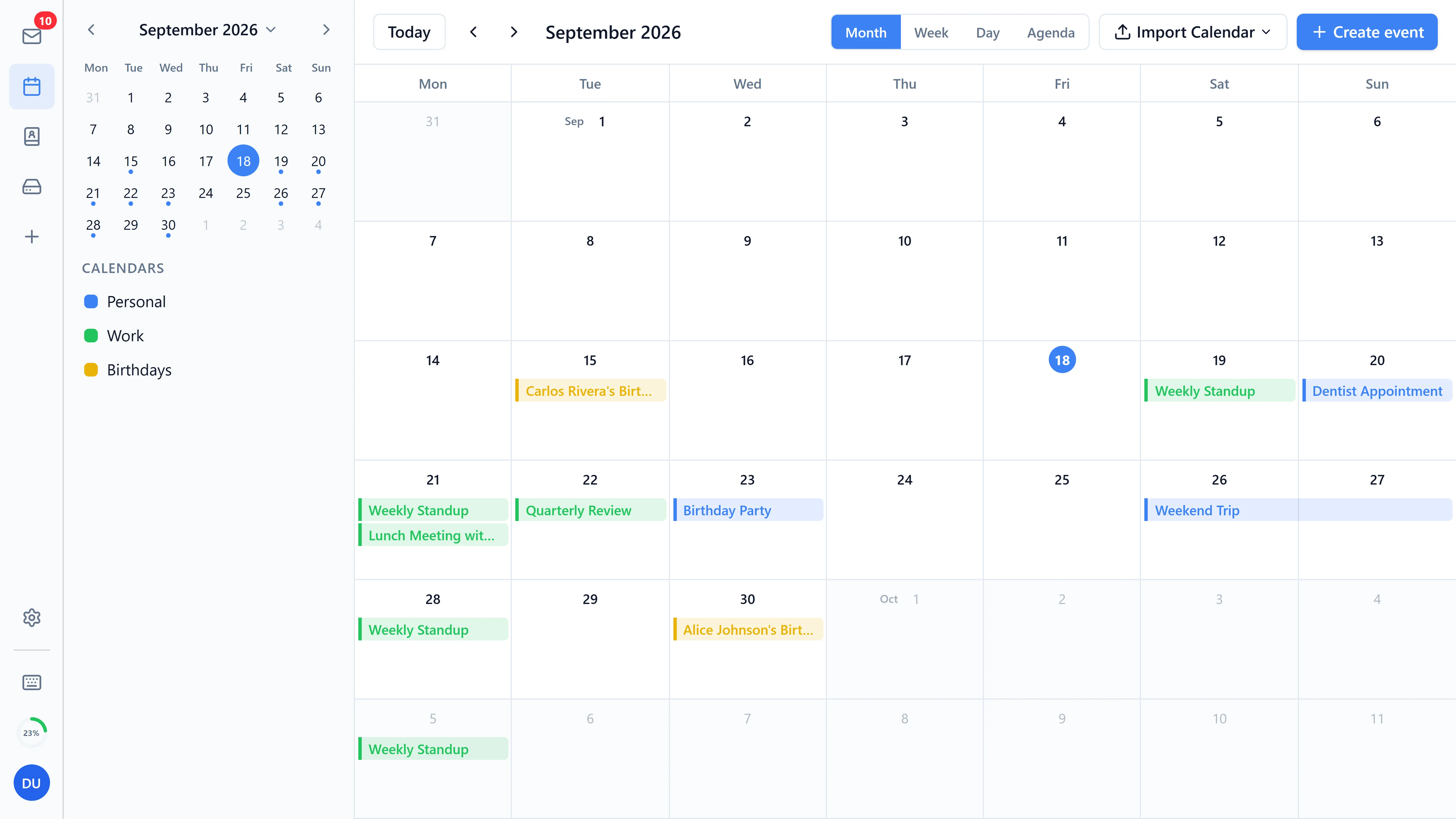 Webmail calendar month view (Bulwark, light theme)