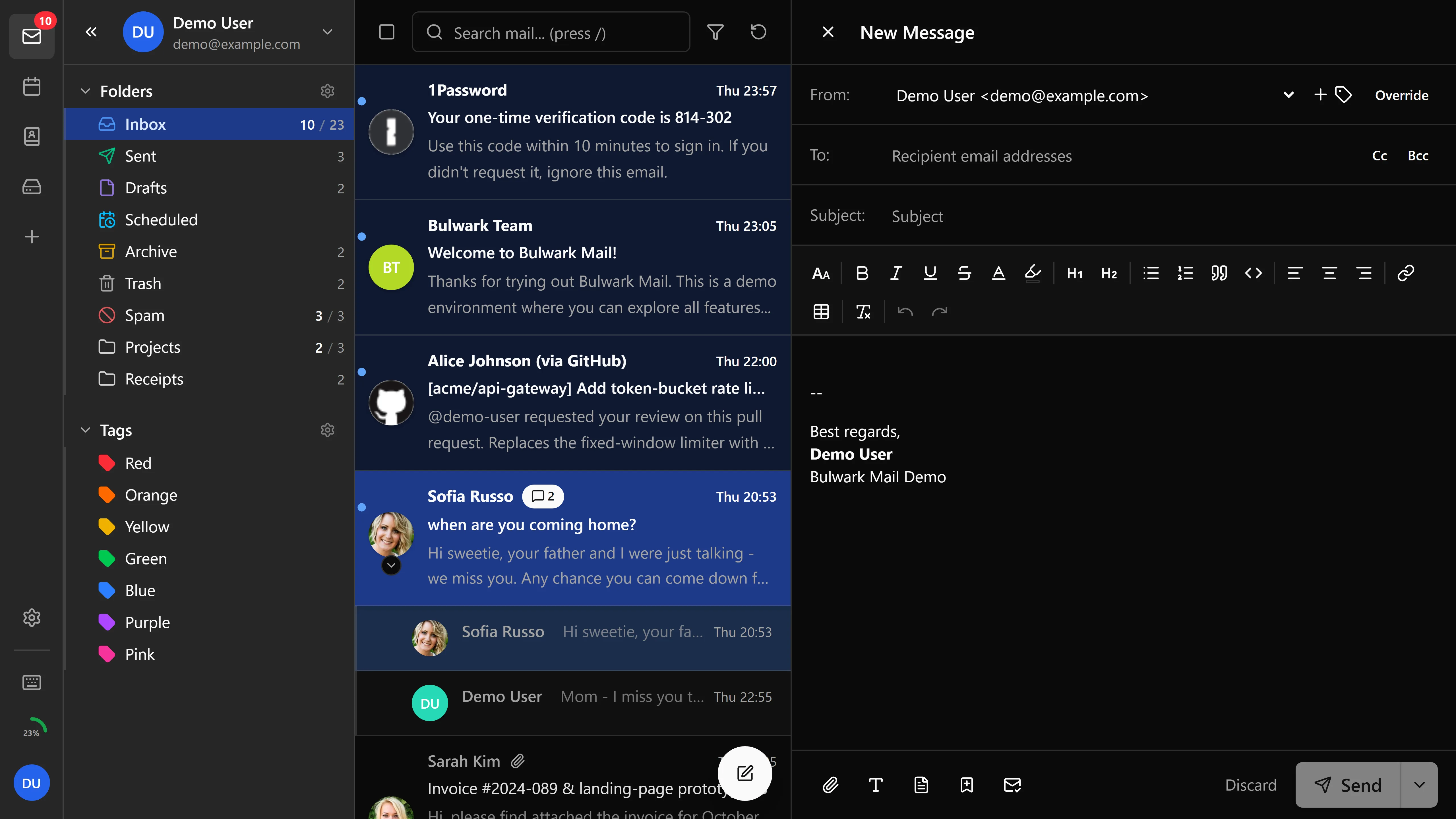Composing a message in Webmail (Bulwark, dark theme)