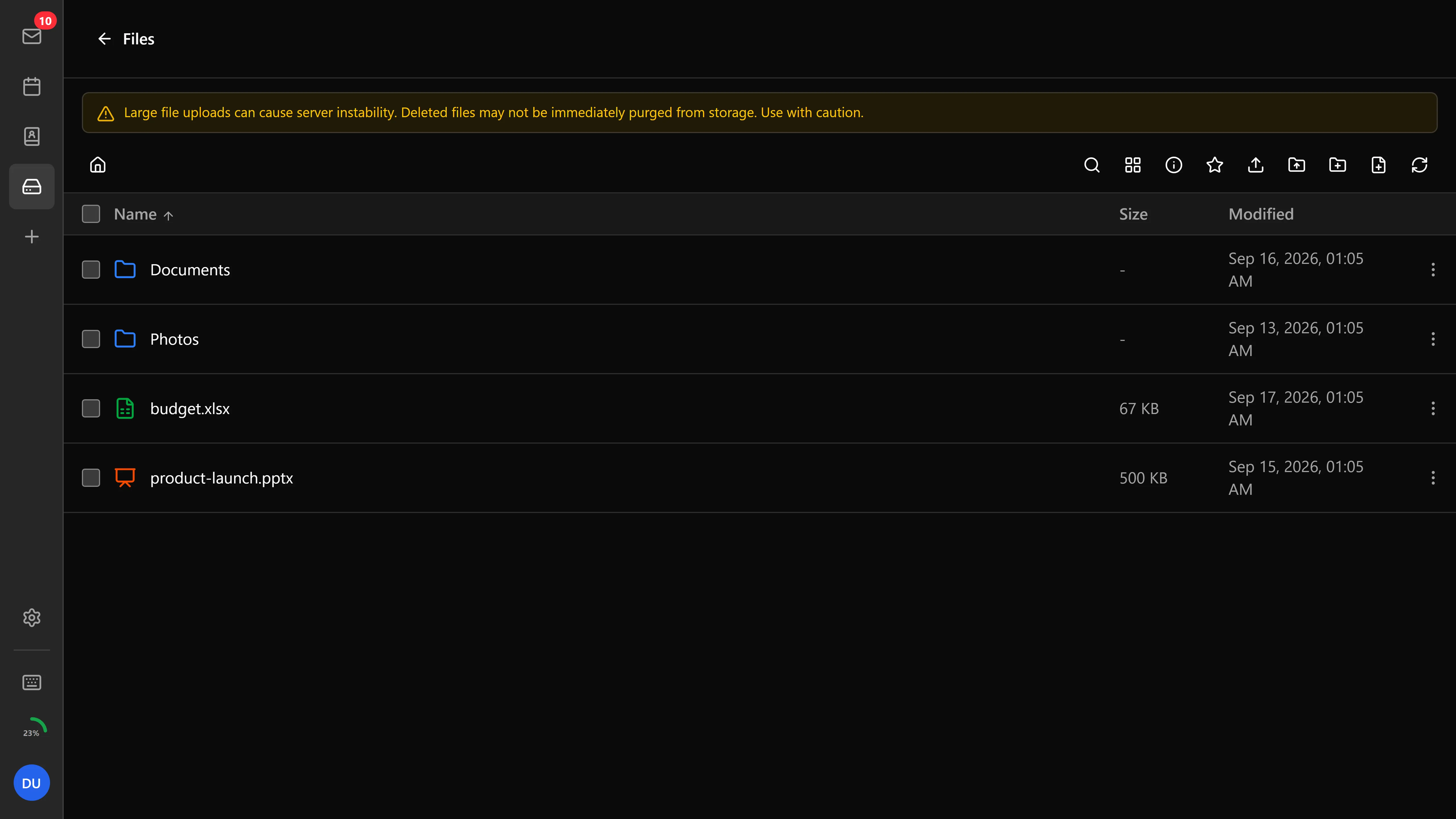 Webmail file storage (Bulwark, dark theme)