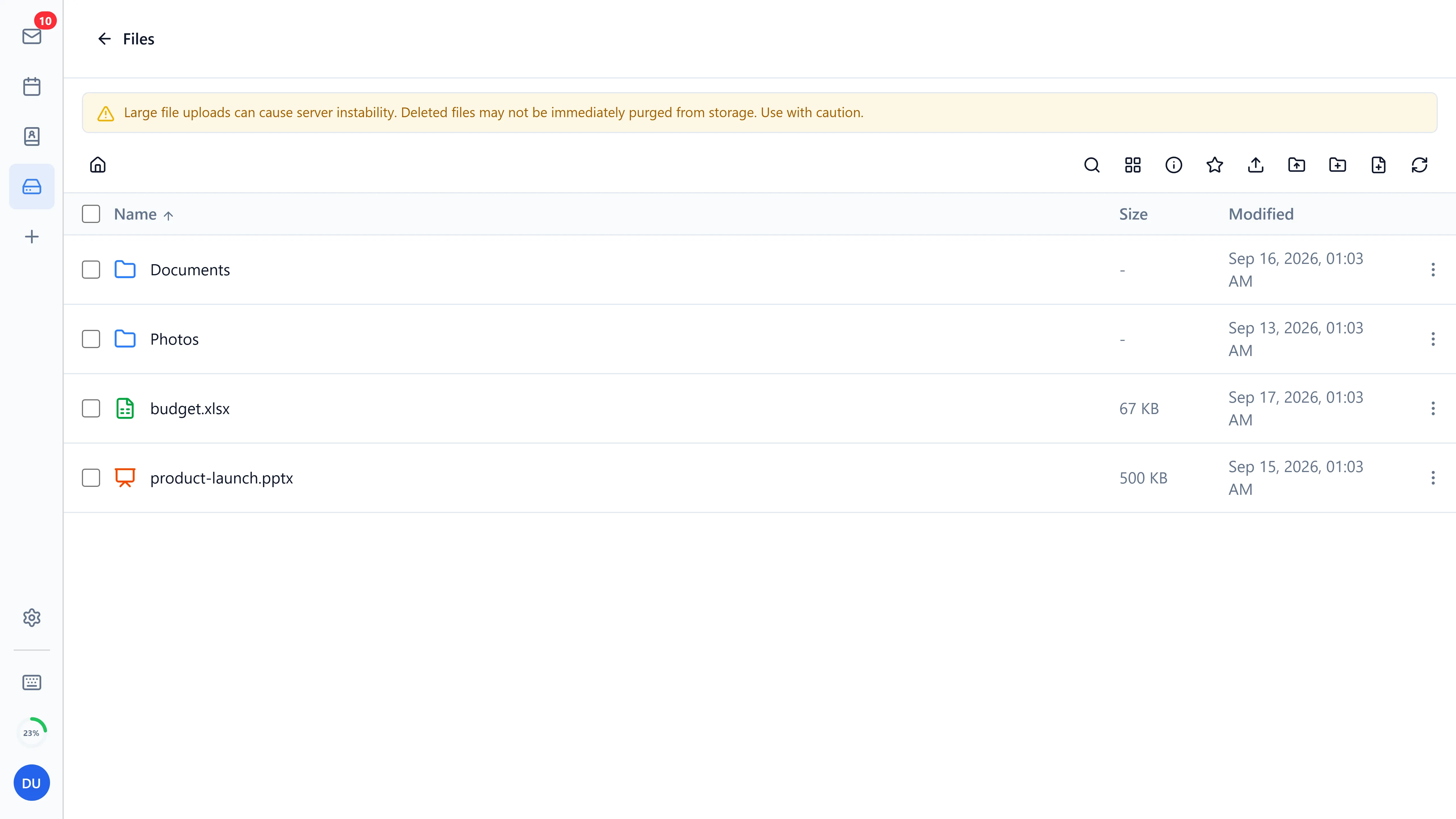 Webmail file storage (Bulwark, light theme)