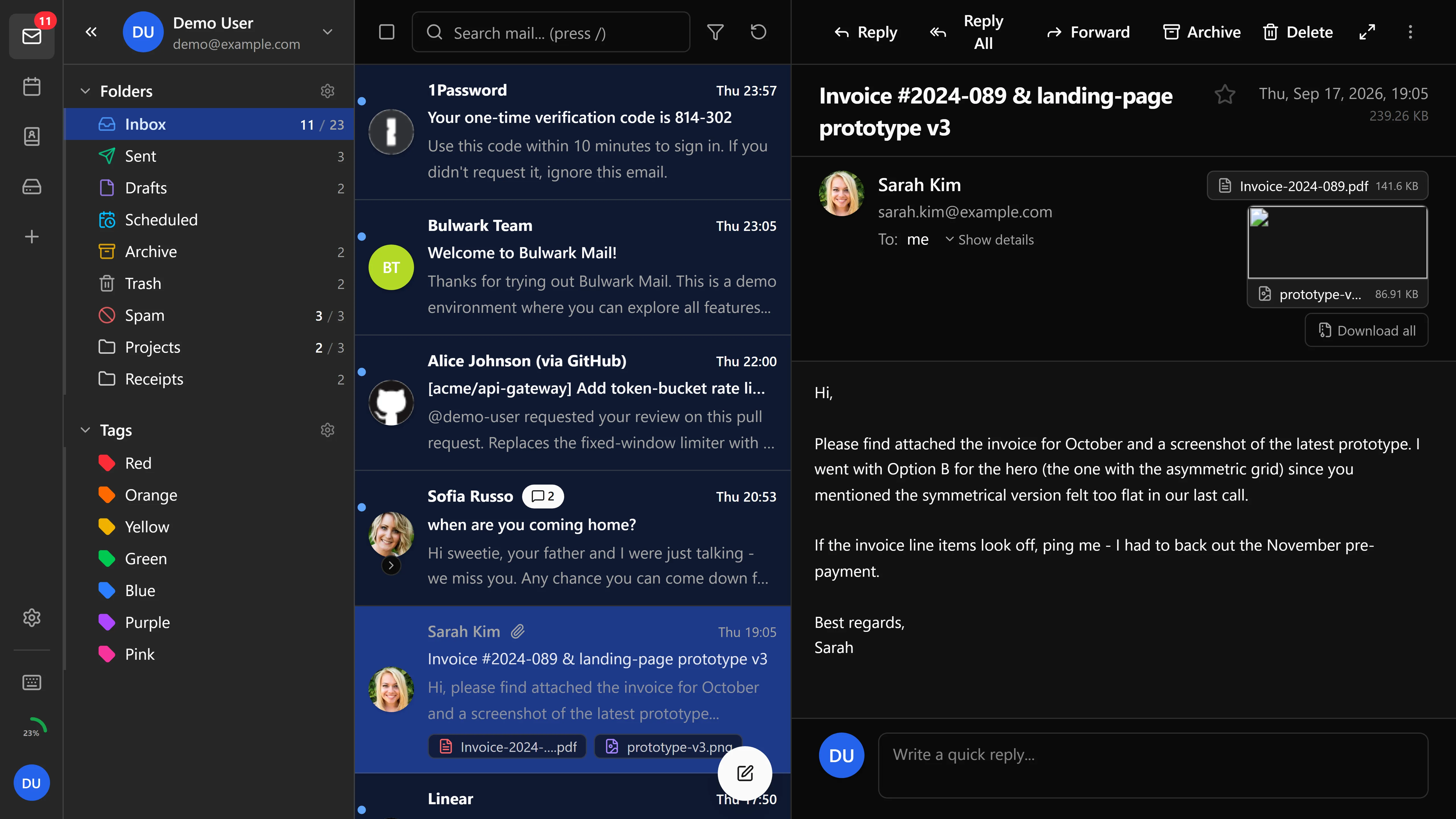 Webmail inbox with reading pane (Bulwark, dark theme)