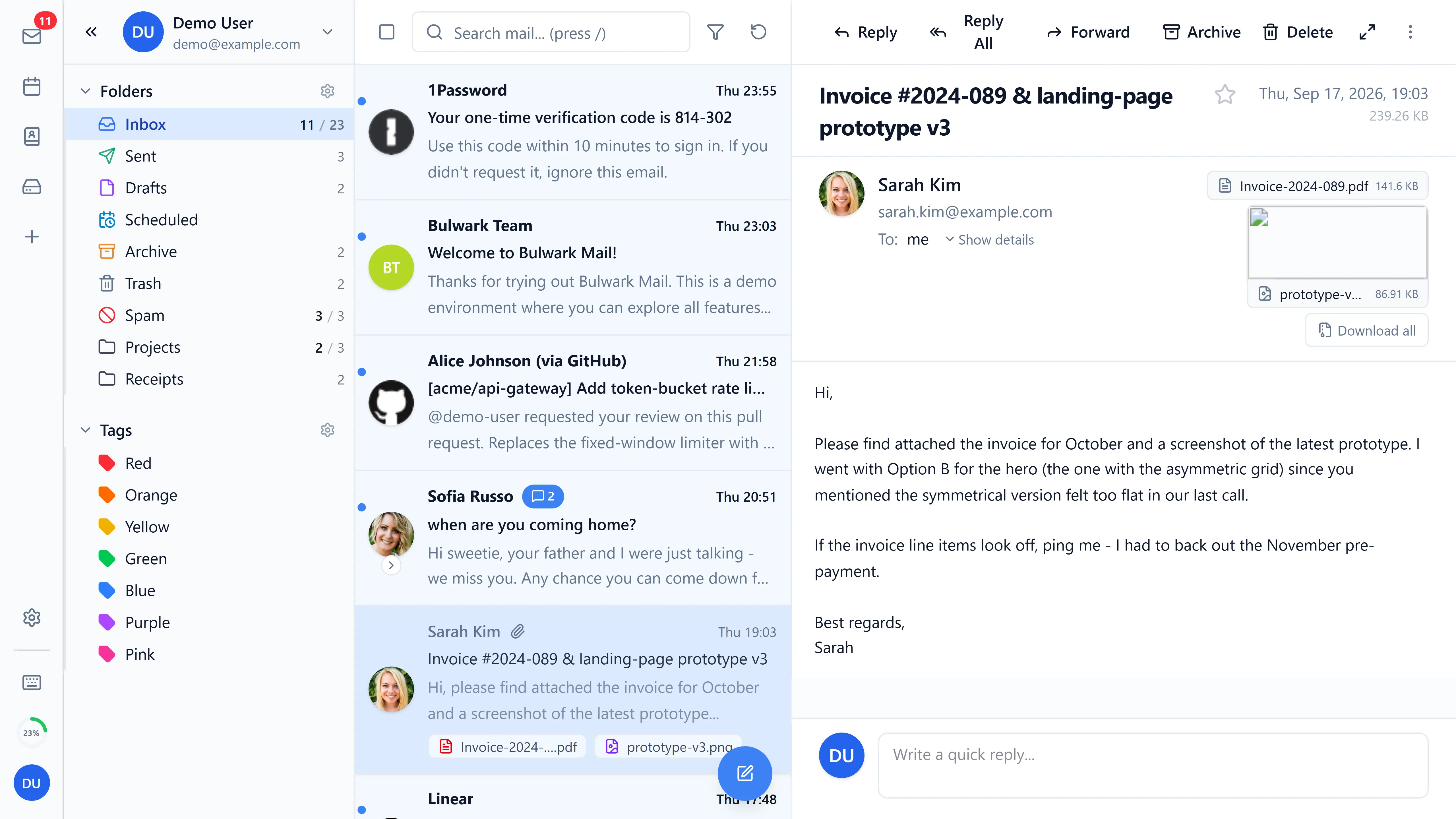 Webmail inbox with reading pane (Bulwark, light theme)
